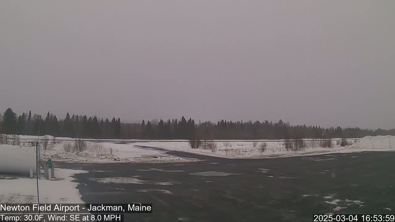 A snow-covered airfield with a dark tarmac and a line of trees in the background under an overcast sky.