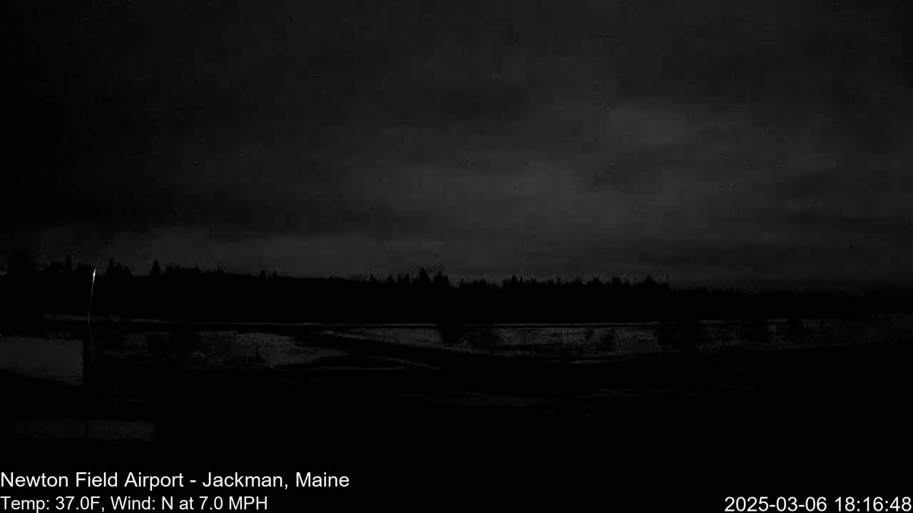 A dark, nighttime scene shows a silhouetted treeline and a flat, snow-covered expanse under a cloudy sky.