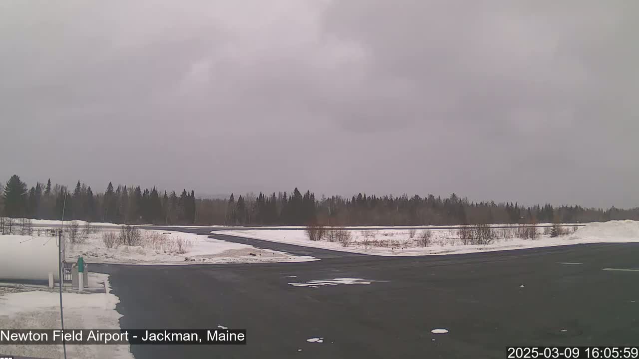 A snow-covered airfield with a line of trees in the background under an overcast sky.