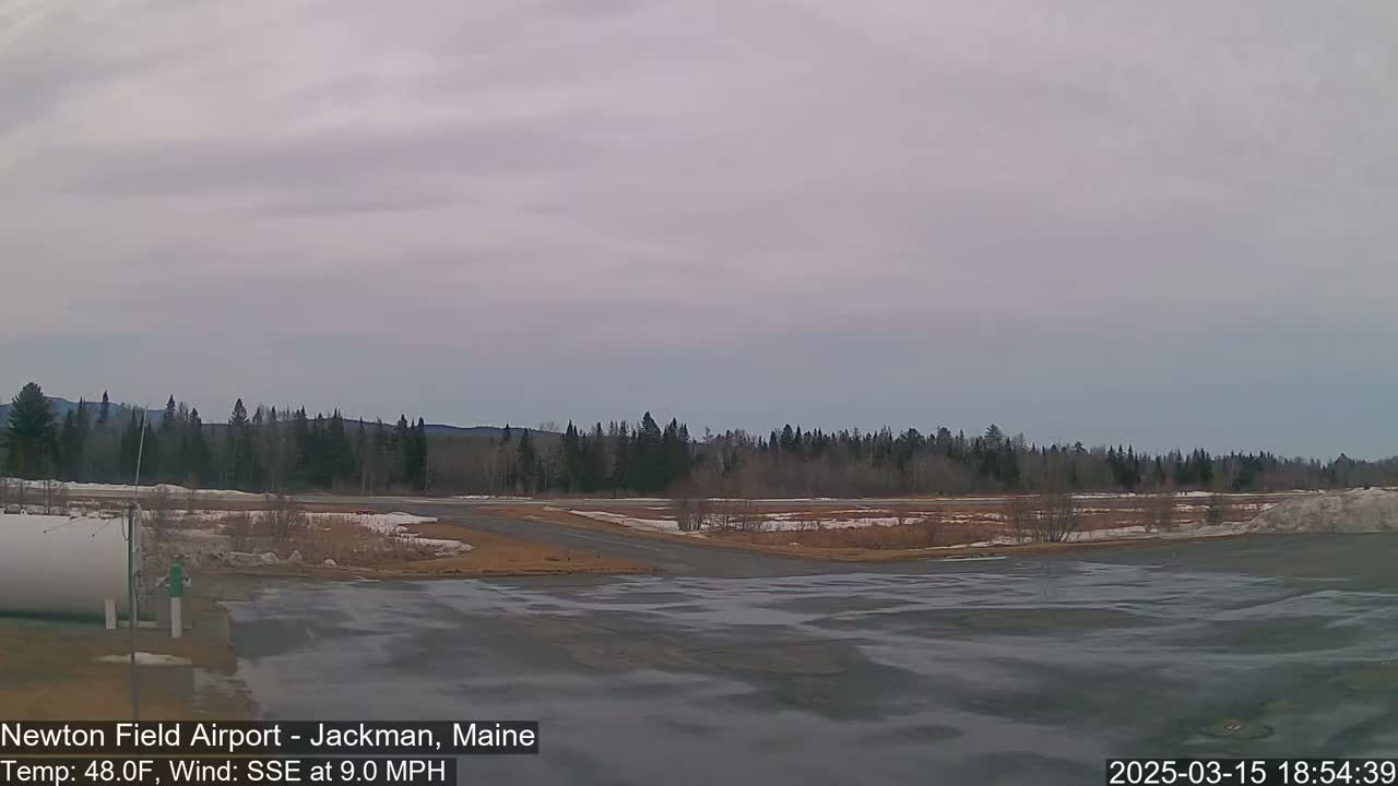 A mostly cloudy day shows an airfield with a sparsely vegetated area and a line of dark evergreen trees in the distance.