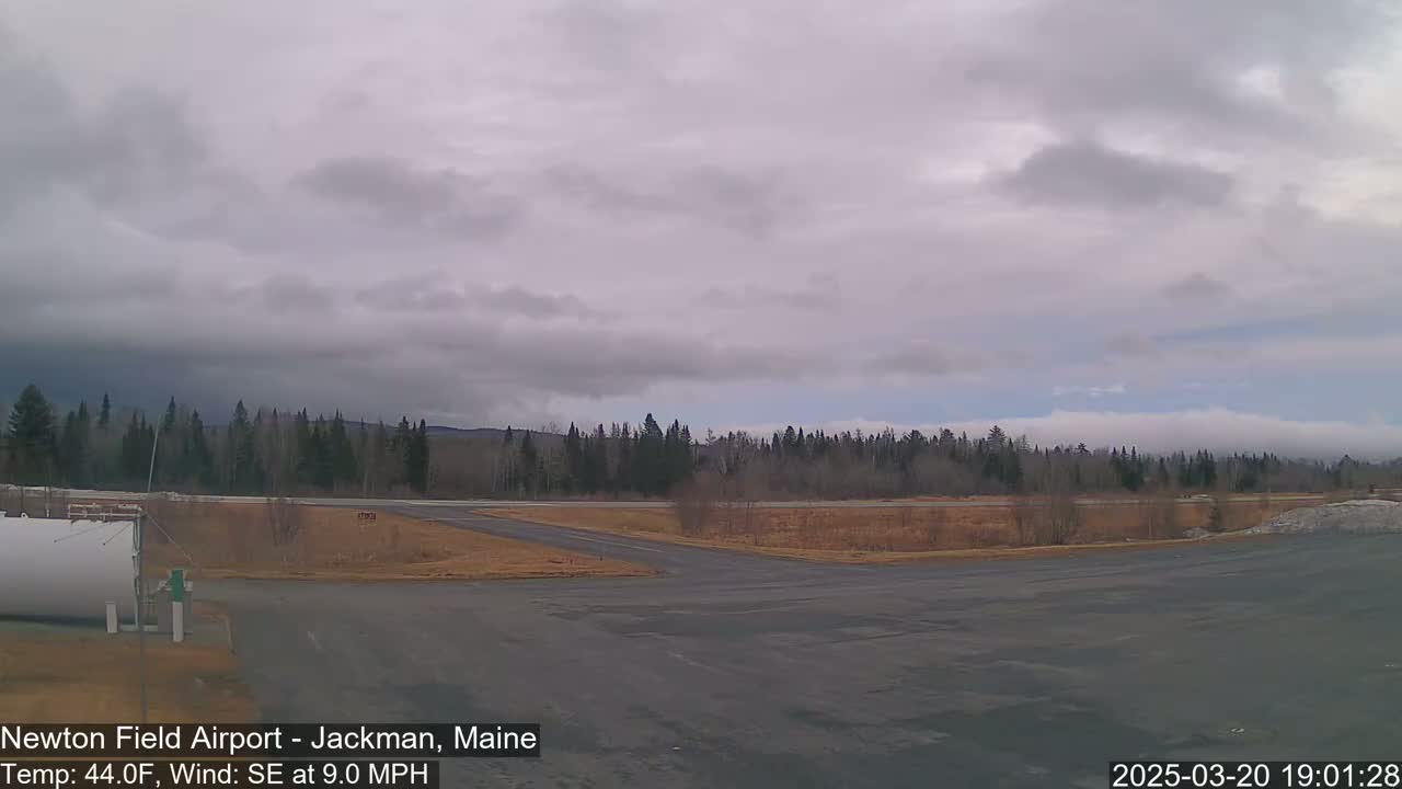 A mostly cloudy sky hangs over an airfield with a line of trees in the background under a gray sky.