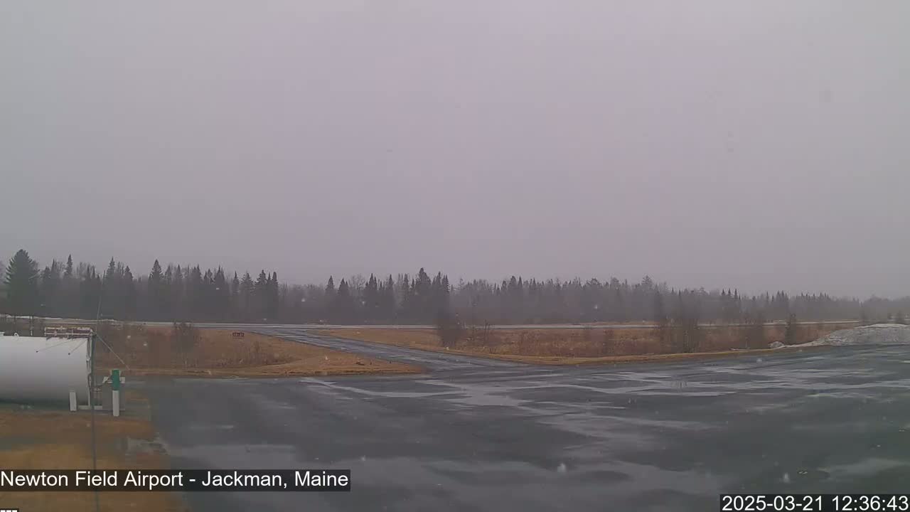 A snow-covered airfield is visible, with a line of trees in the background under an overcast sky.