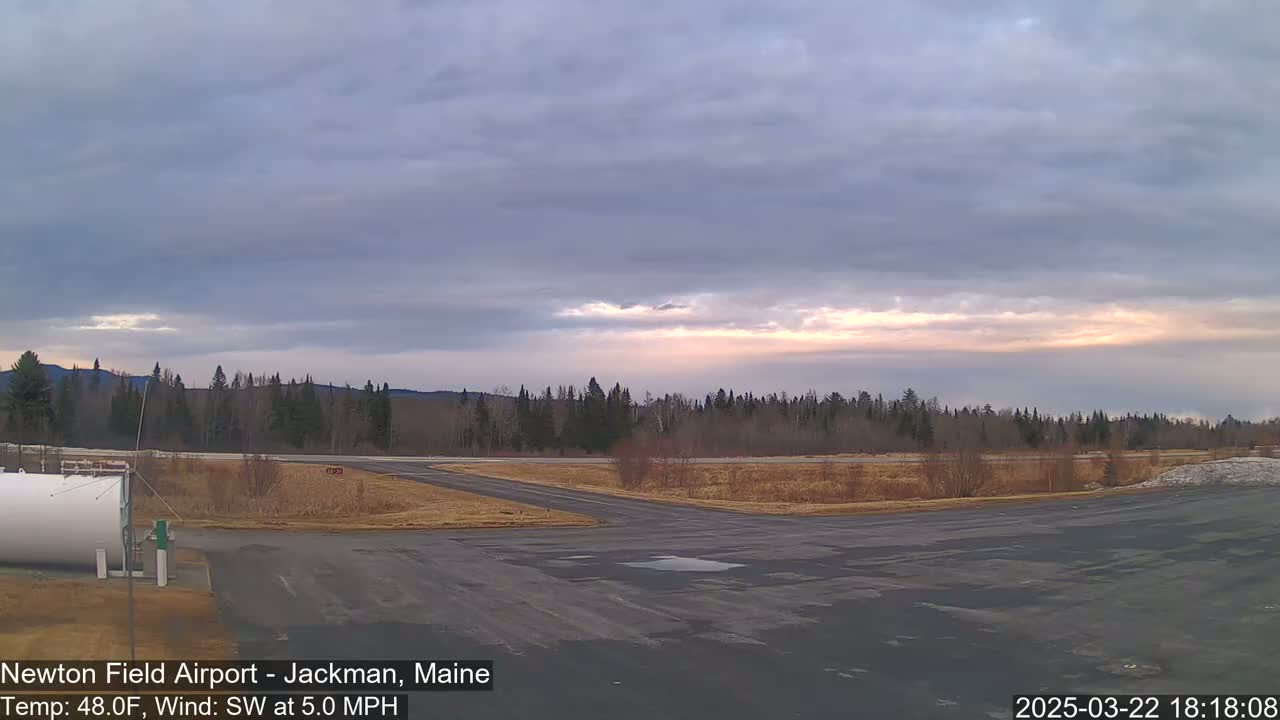 A mostly cloudy sky with a hint of sunset illuminates an airfield bordered by a line of trees.