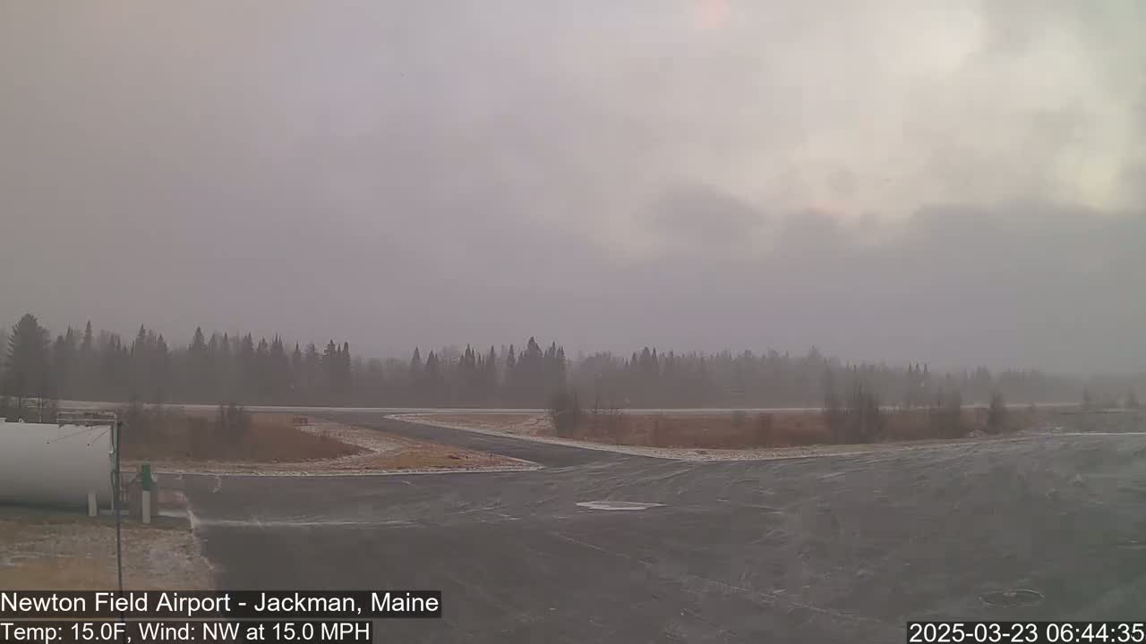 A snow-covered airfield with a line of trees in the background under a hazy, overcast sky.