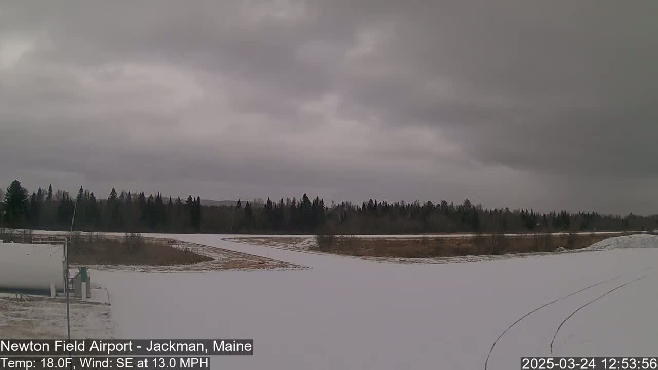 A snow-covered airfield is visible beneath an overcast sky, with a dark line of trees in the background.