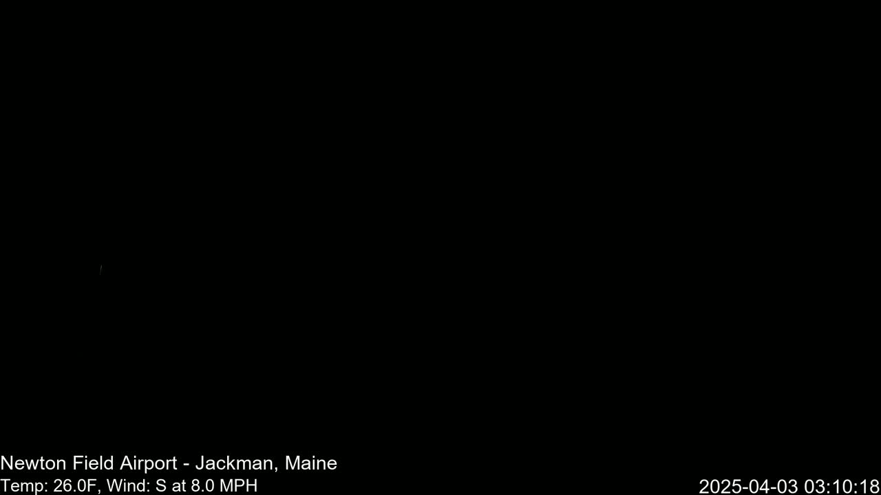 A completely black image is shown, depicting a nighttime scene with a temperature of 26 degrees Fahrenheit and a southerly wind of 8 miles per hour.