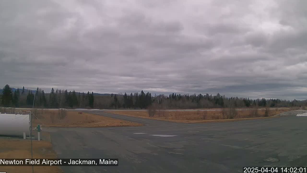 A mostly cloudy sky overlooks a flat expanse of tarmac and brown grass next to a line of evergreen trees.