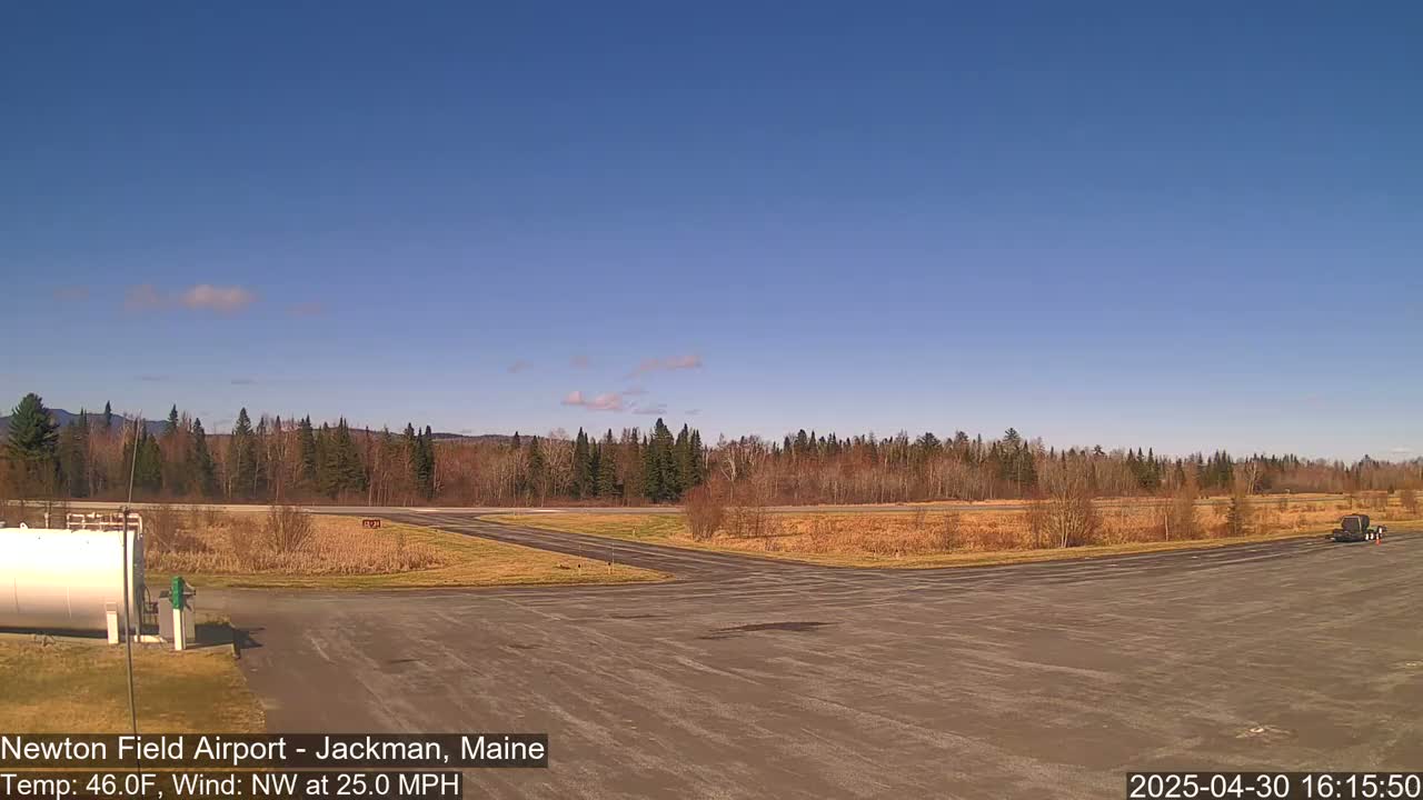 A small airport tarmac and runway are situated in front of a line of trees under a clear blue sky.