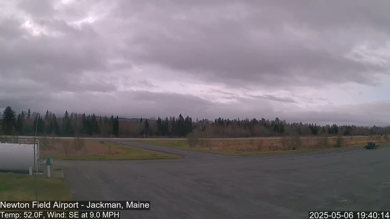 A mostly overcast sky hangs over an empty airport tarmac, bordered by a line of trees under a cloudy sky.