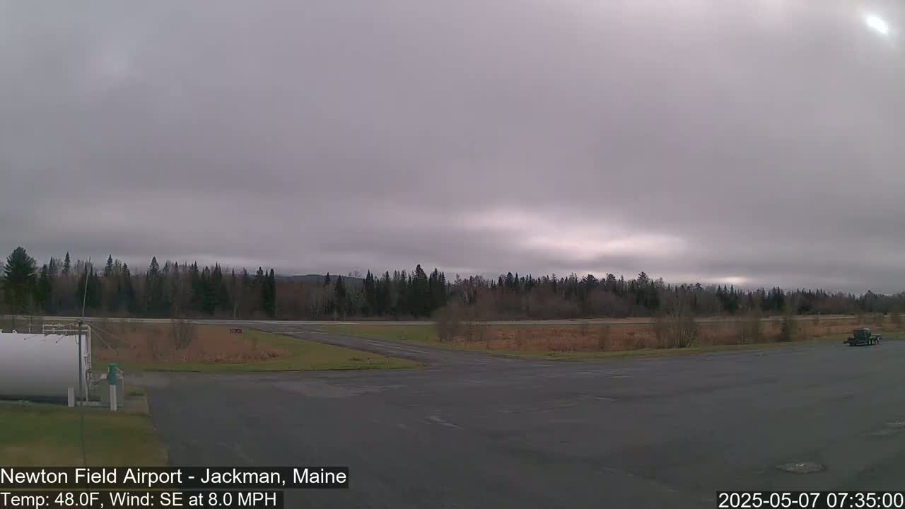 A mostly cloudy sky hangs over an airfield with a grassy area and trees in the background.