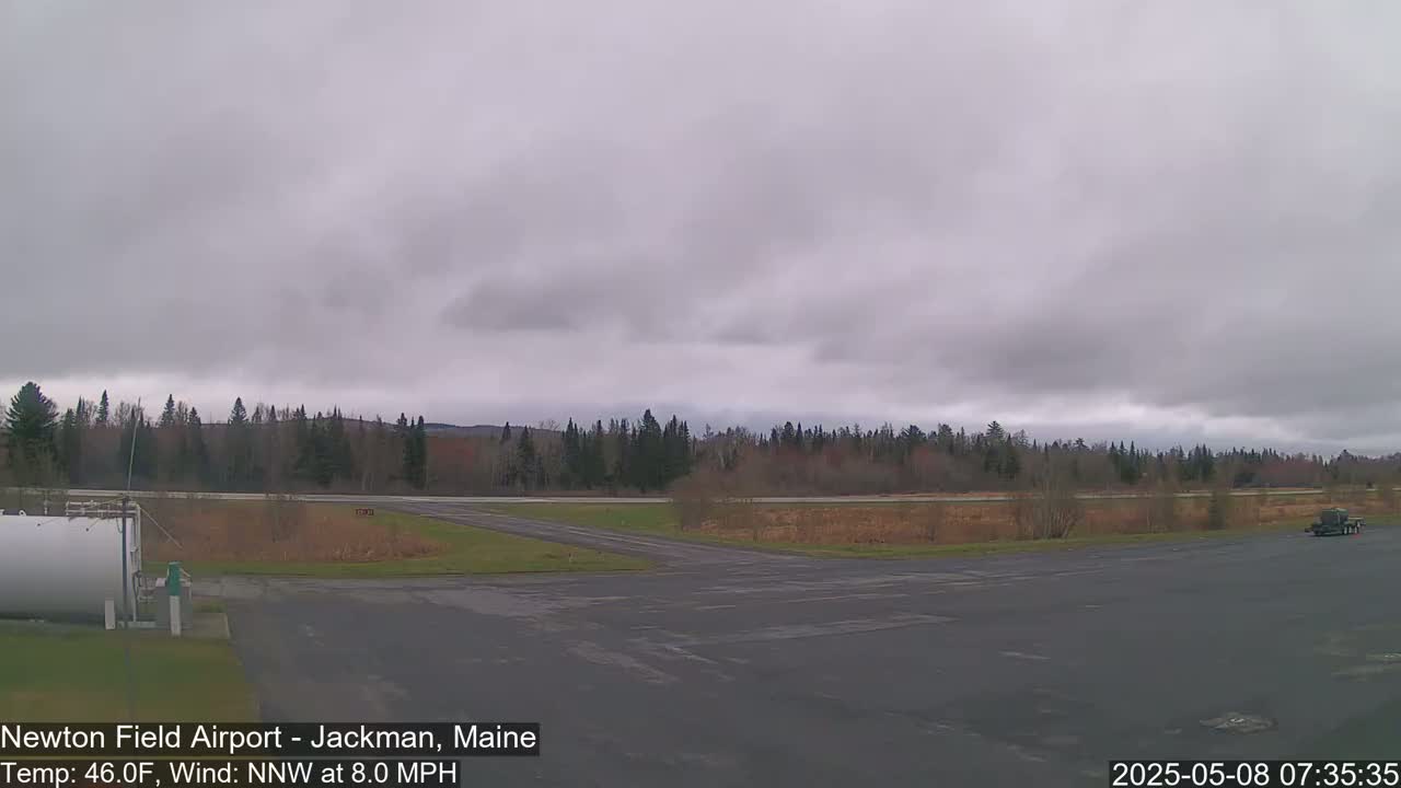 A mostly overcast sky hangs over an airport tarmac and runway, with a line of trees and fields in the background.