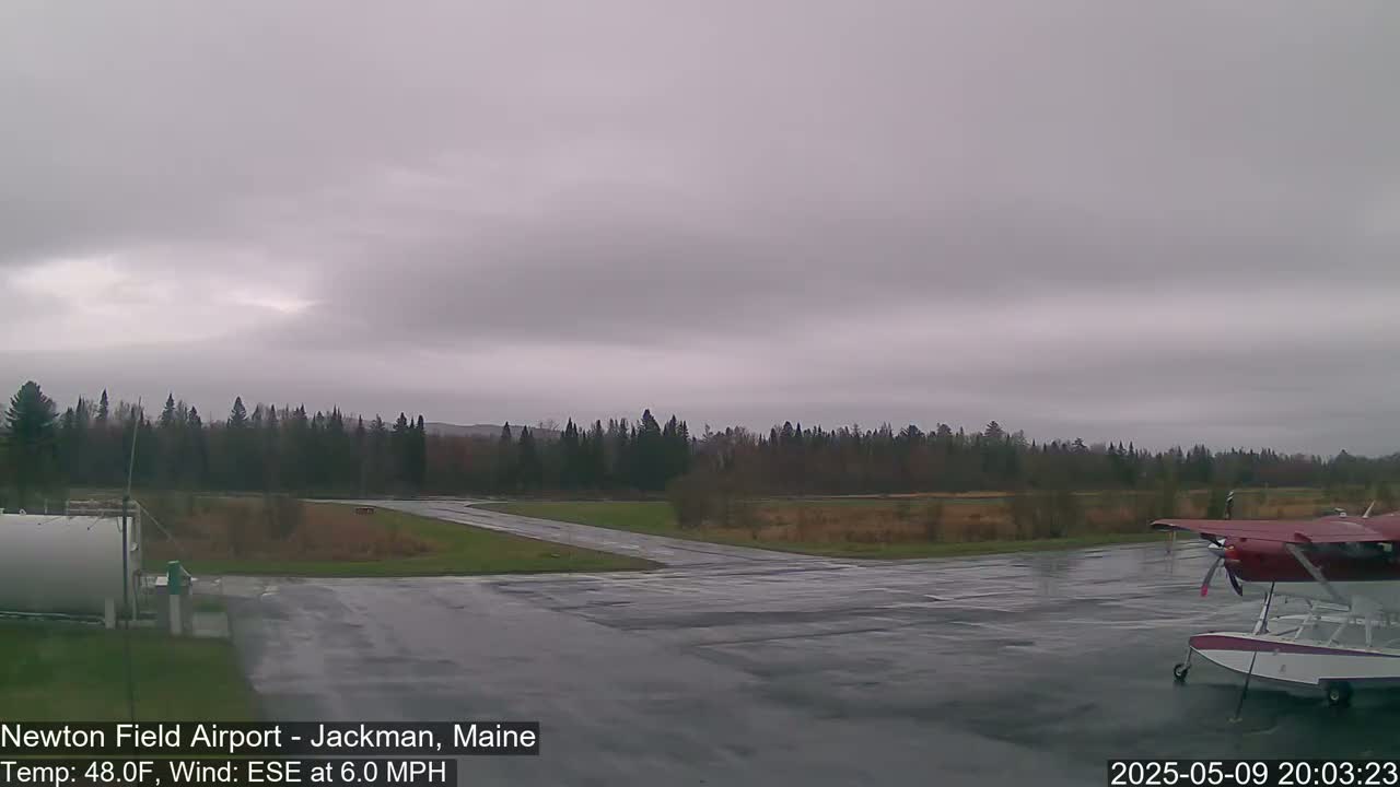 A wet, overcast airfield with a seaplane parked near the runway and a line of trees in the background.
