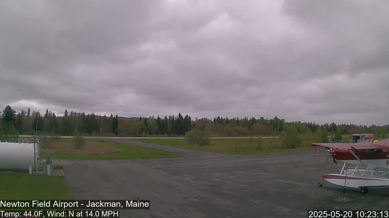 A seaplane is parked on an airport tarmac under an overcast sky, with a line of trees visible in the background.