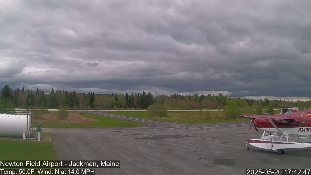 A red seaplane sits on an airport tarmac under a cloudy sky, with a line of trees in the background.