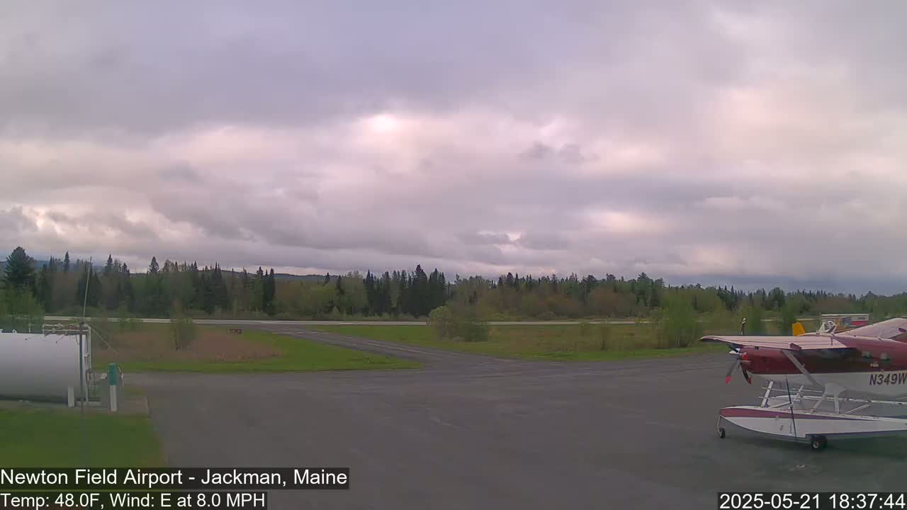 A small, red seaplane sits on a tarmac next to a grassy airfield under a mostly cloudy sky.