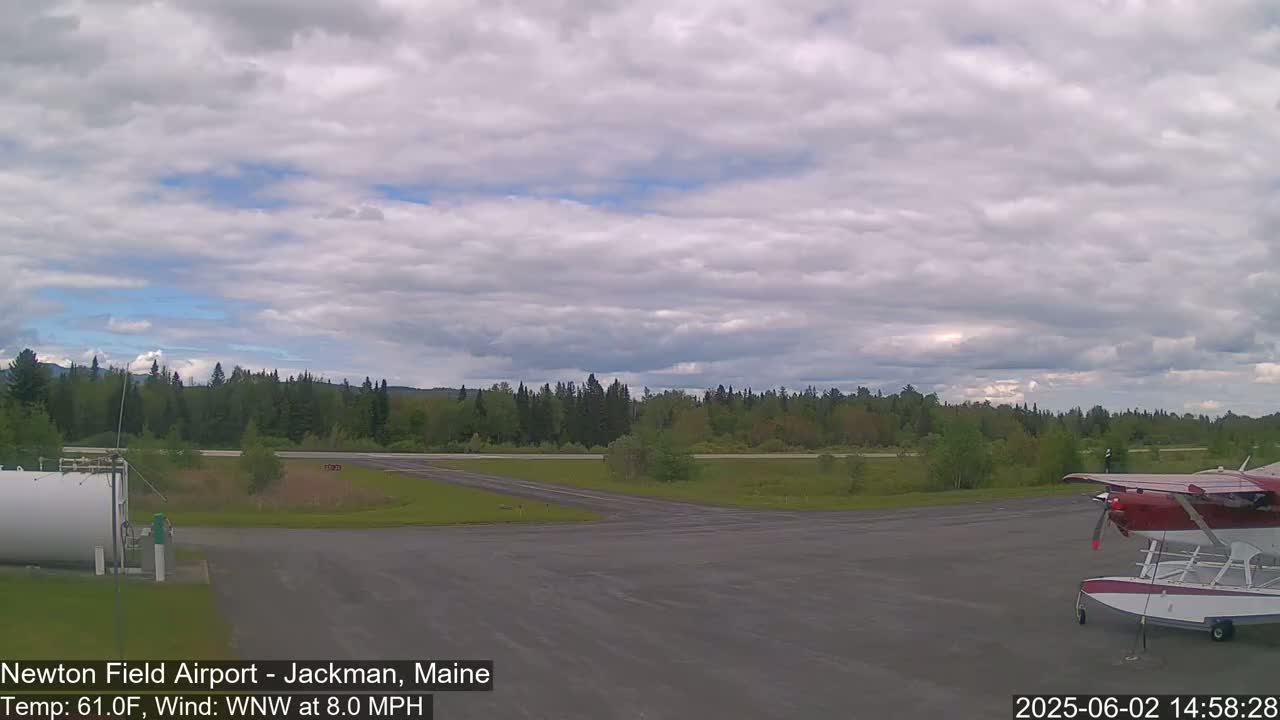 A small seaplane is parked on an airport tarmac under a mostly cloudy sky, with a line of trees in the background.
