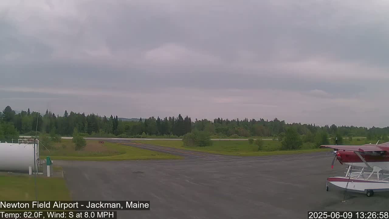 A seaplane sits on a tarmac at an airport surrounded by a line of trees under an overcast sky.