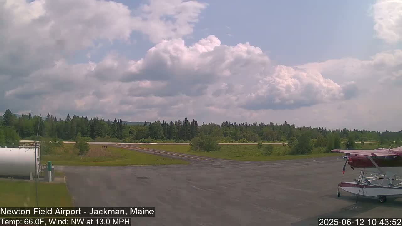 A small seaplane is parked on an airfield surrounded by trees under a partly cloudy sky.