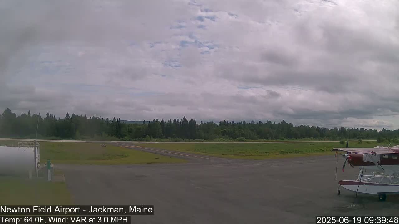 A red and white seaplane is parked on a tarmac next to a grassy airfield under a cloudy sky.
