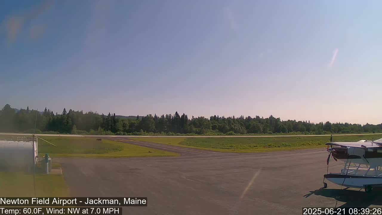 A small seaplane sits on an airport tarmac next to a grassy field and a line of trees under a clear blue sky.