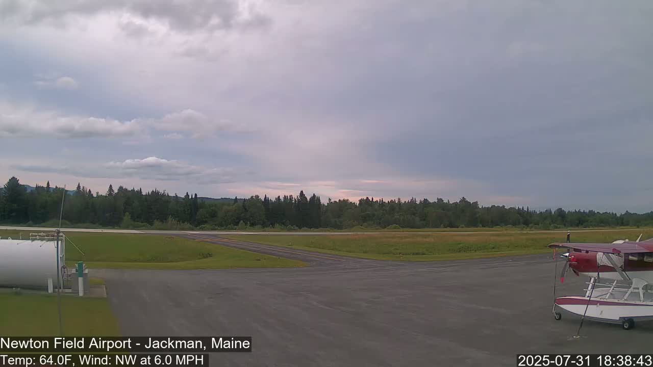 A small seaplane sits on the tarmac of an airport surrounded by a grassy field and a line of trees under a partly cloudy sky.