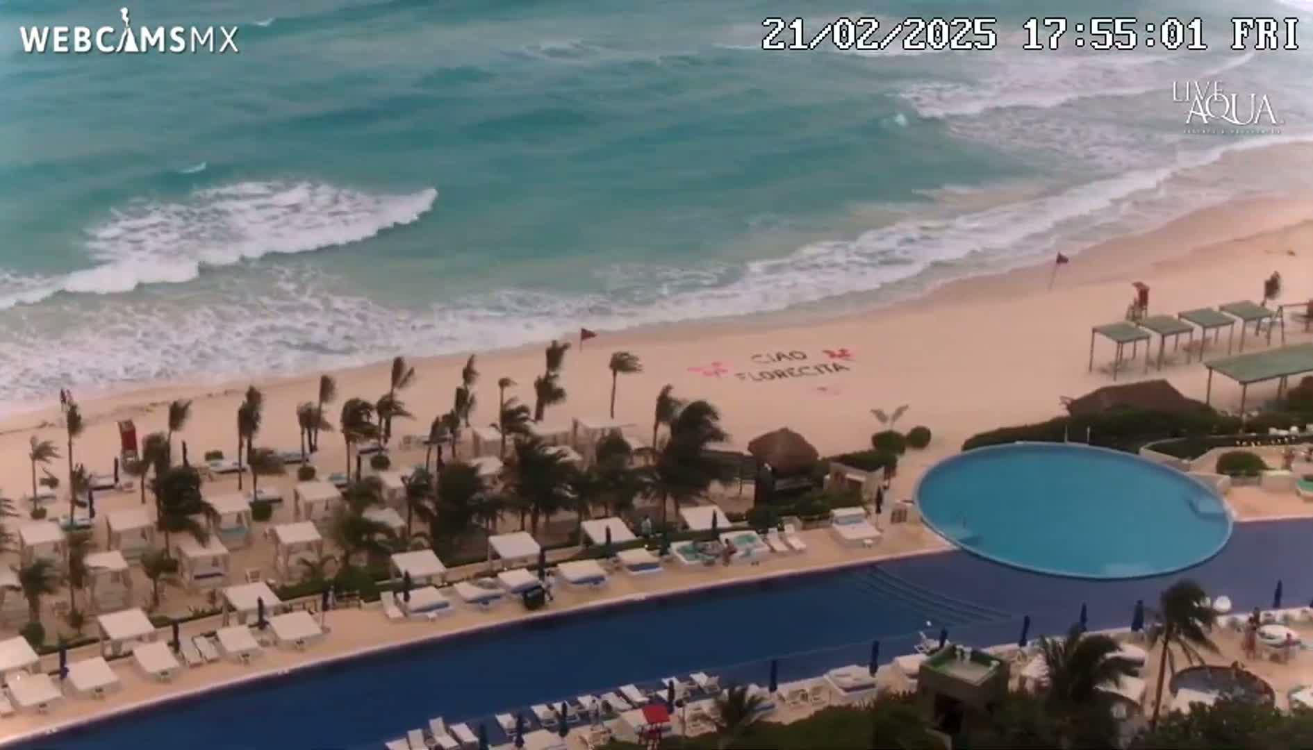 A beach resort with a large circular pool and beach chairs is shown; the beach has choppy waves and strong winds are blowing palm trees.