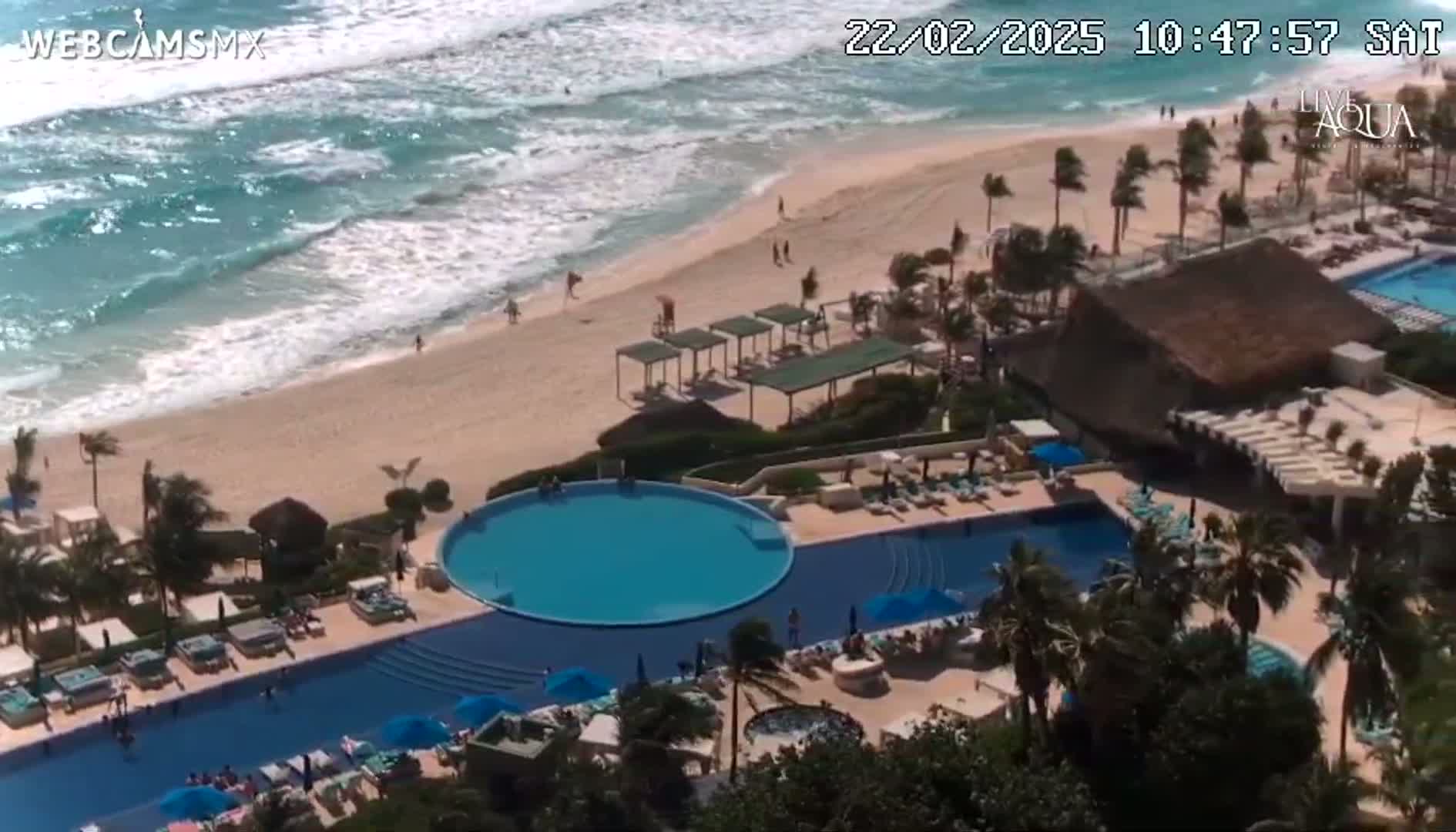 An aerial view shows a beach with moderate waves, a resort with multiple pools, and palm trees swaying in a windy, sunny day.