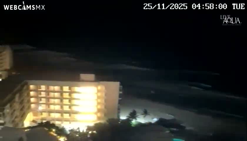A brightly illuminated multi-story building overlooks a dark sandy beach and ocean with visible waves under a clear night sky.