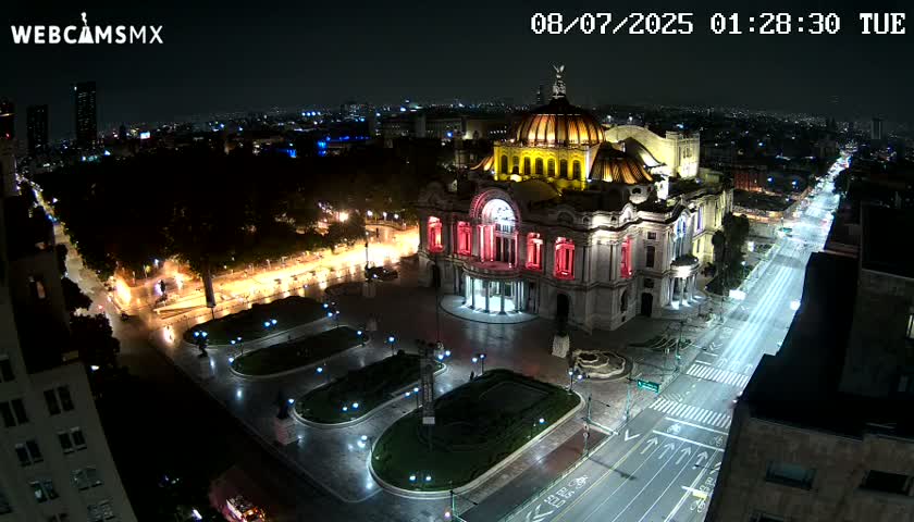 An illuminated palace-like building sits in a plaza at night, surrounded by a city with streets and trees, under a clear, dark sky.