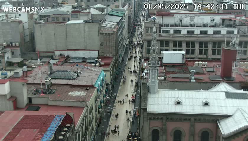 A high-angle view of a city street crowded with pedestrians on an overcast day, with surrounding buildings and rooftops visible.