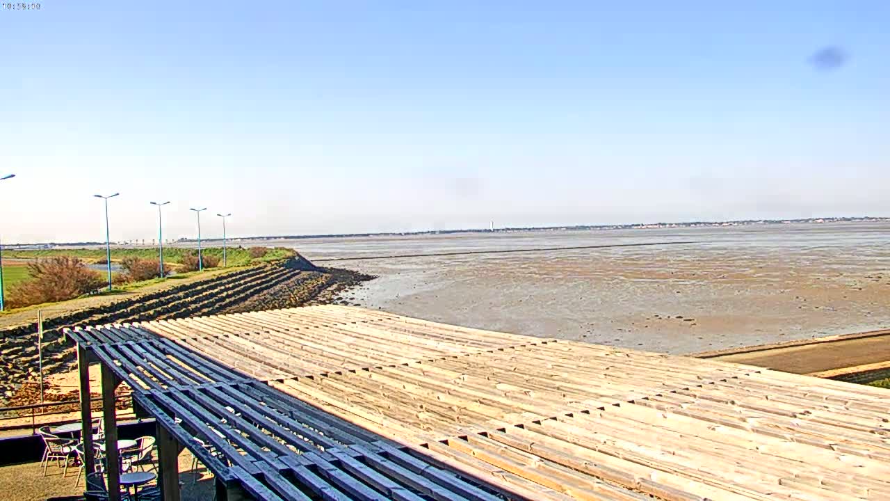 A wooden pergola overlooks a wide expanse of mudflats under a clear, sunny sky.