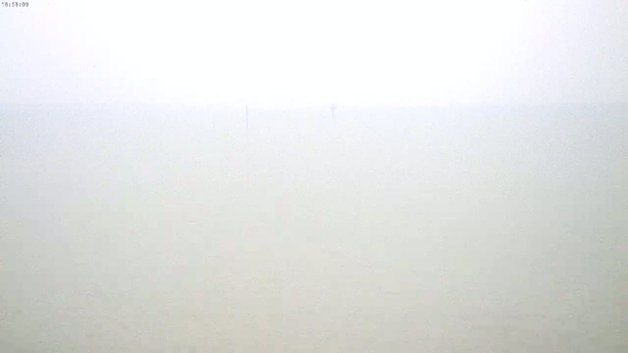 A hazy, light-grey landscape stretches to a pale horizon under a foggy sky.