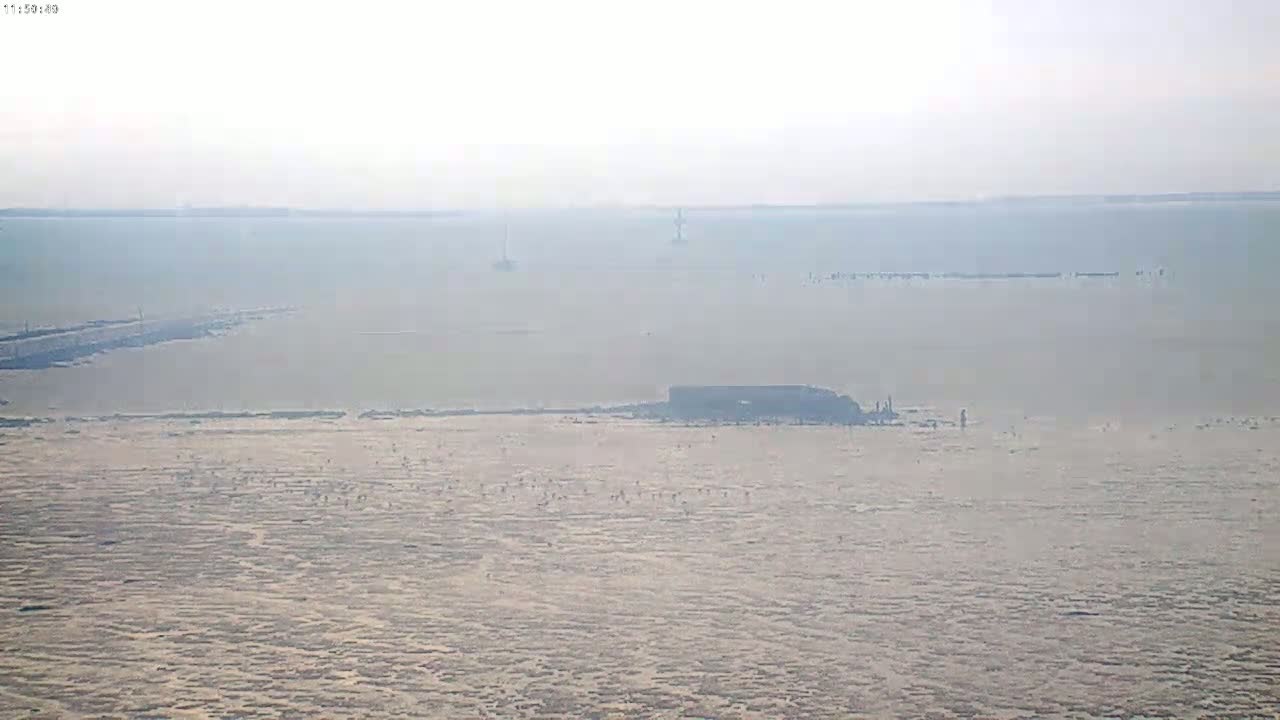 A hazy, expansive body of water is shown, with a few small vessels and structures visible in the distance.