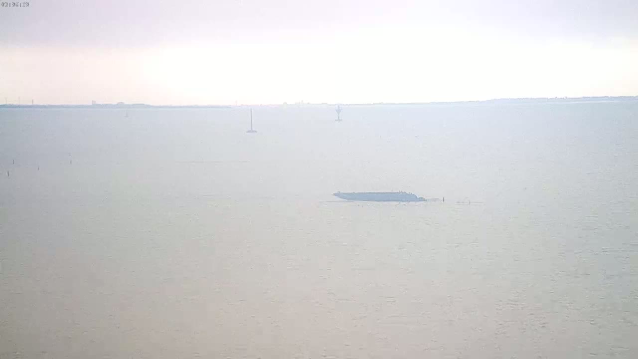 A hazy, light-grey expanse of water shows a long, dark barge and a distant shoreline.