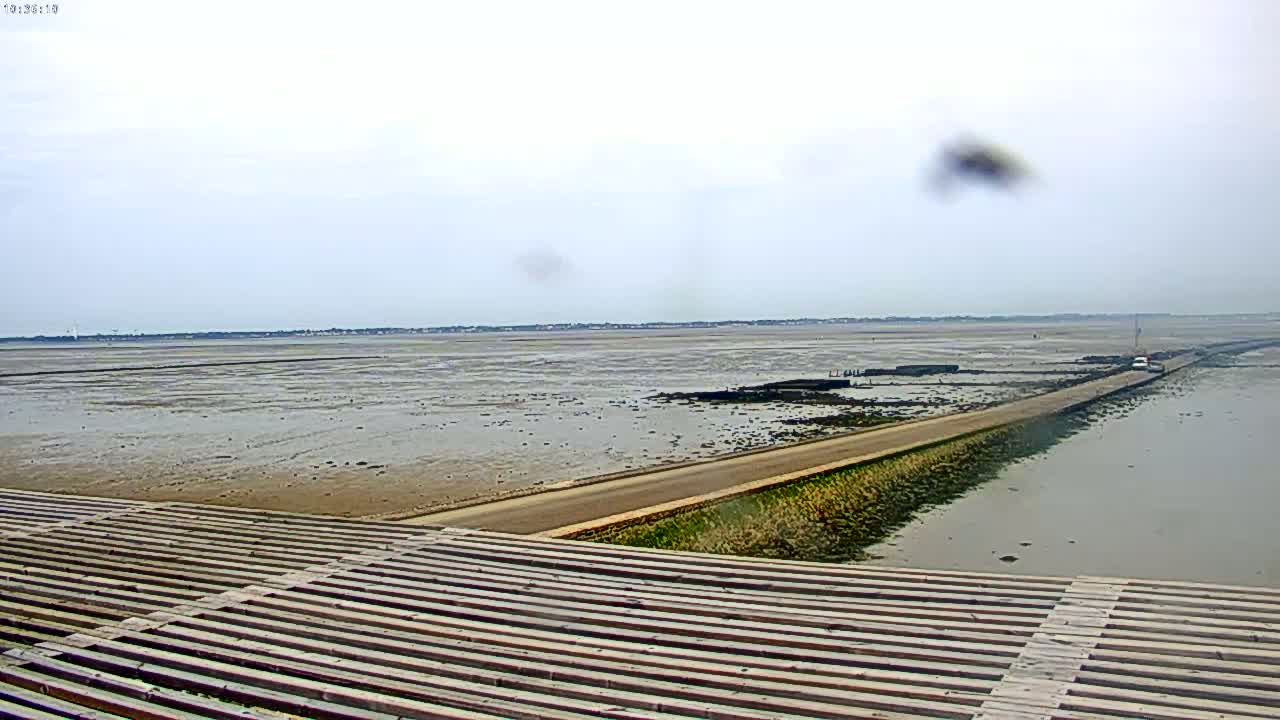 A long road extends over a vast expanse of exposed mudflats under a cloudy sky.