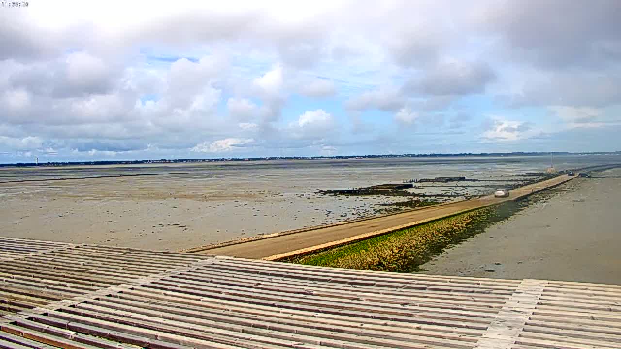 A long road stretches across a wide expanse of exposed mudflats under a partly cloudy sky.