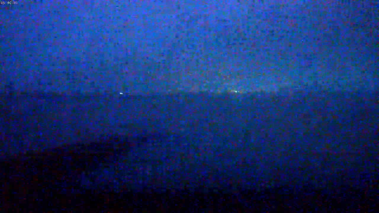 A dark, blurry landscape is visible under a twilight sky.