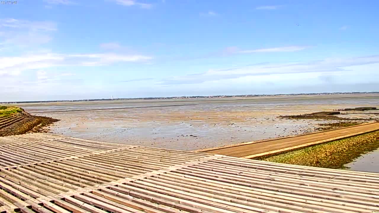 A wide expanse of mudflats under a mostly sunny sky is visible from a vantage point overlooking a wooden slatted structure and a paved path.