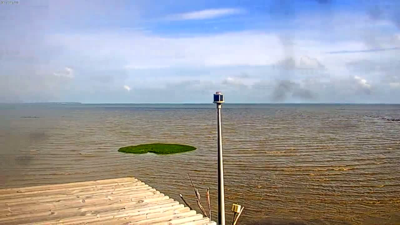 A mostly cloudy day shows a brown, wavy body of water with a small patch of green vegetation, viewed from a wooden deck with a tall pole and light fixture in the foreground.
