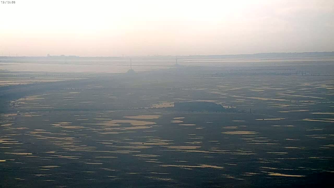 A hazy, flat landscape of dark water and mud interspersed with patches of lighter colored shallows extends to a distant horizon under a pale sky.