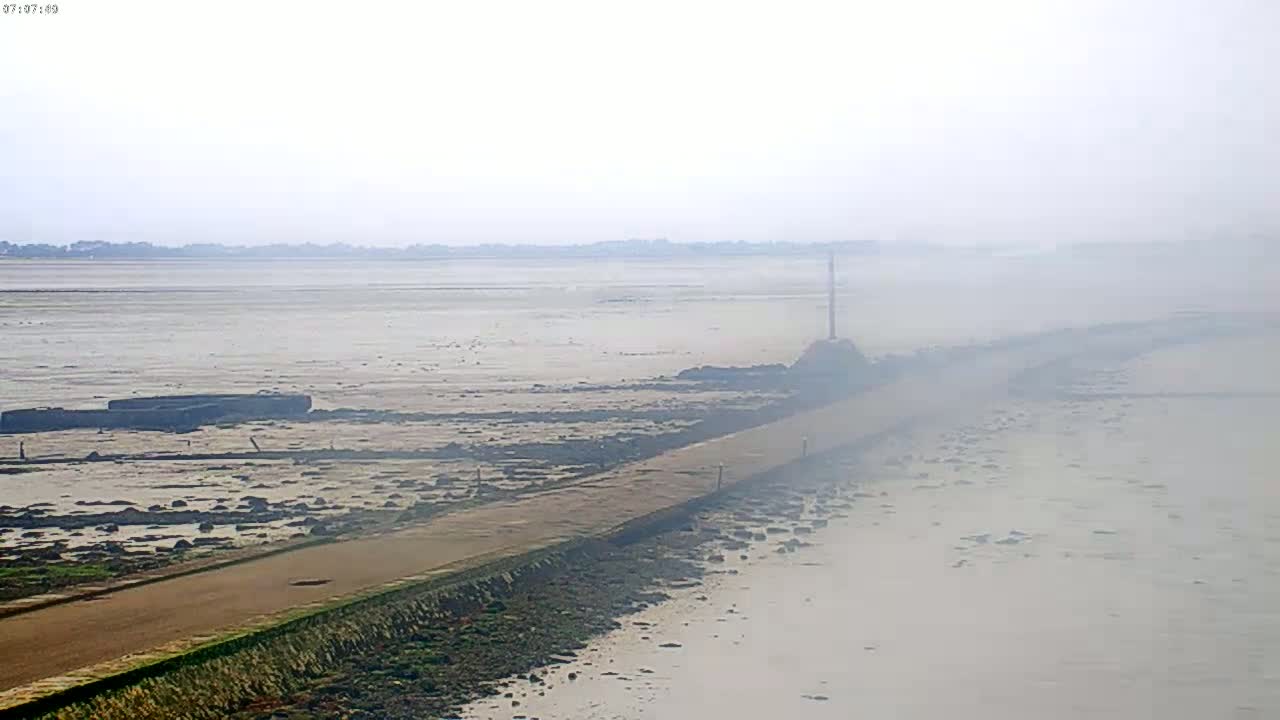 A long, thin road stretches across a foggy, flat expanse of water and exposed mudflats.
