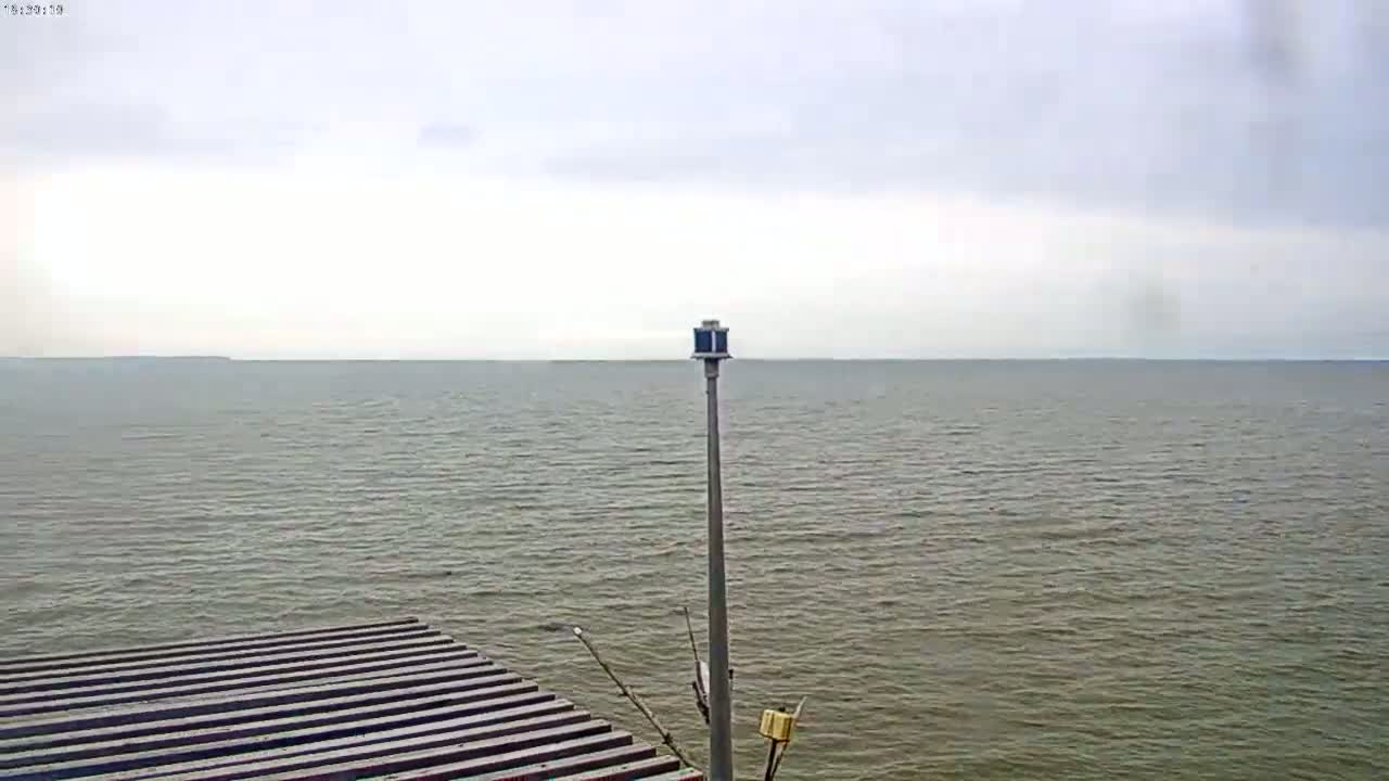 A calm, gray body of water stretches to the horizon under an overcast sky, with a tall pole and a wooden platform visible in the foreground.