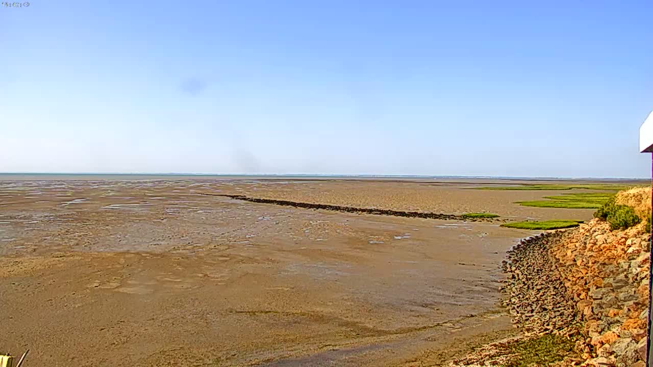 A wide expanse of mudflats stretches to a calm sea under a clear blue sky.