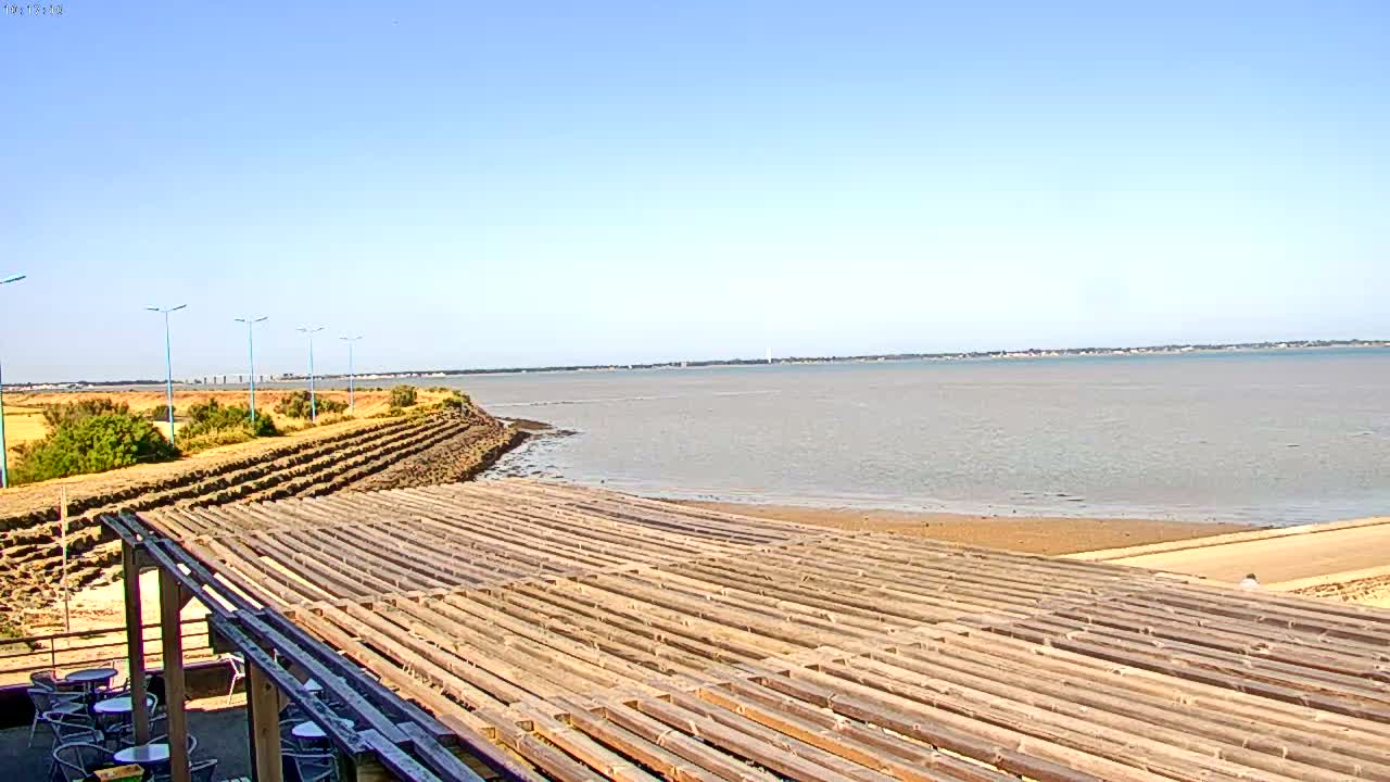 A large, flat area with a wooden structure stretching towards a calm, light-brown body of water under a clear blue sky.