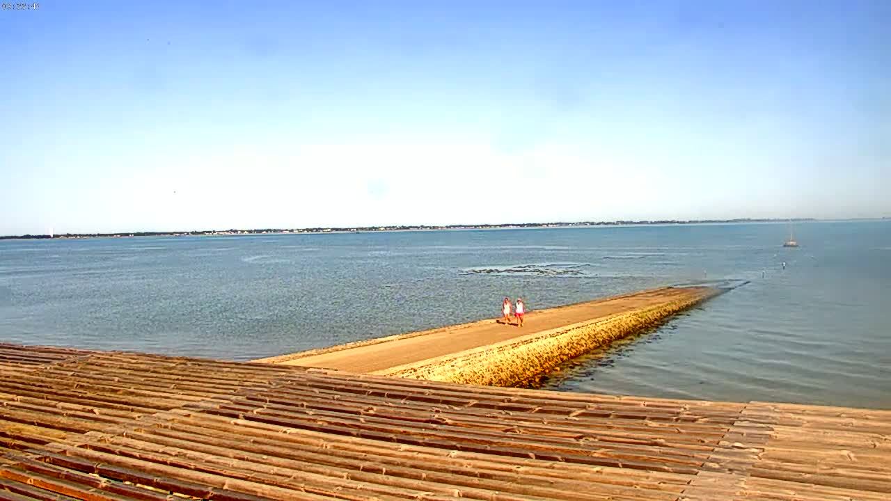 A sandy path extends into a calm body of water under a clear blue sky, with two people walking on it.