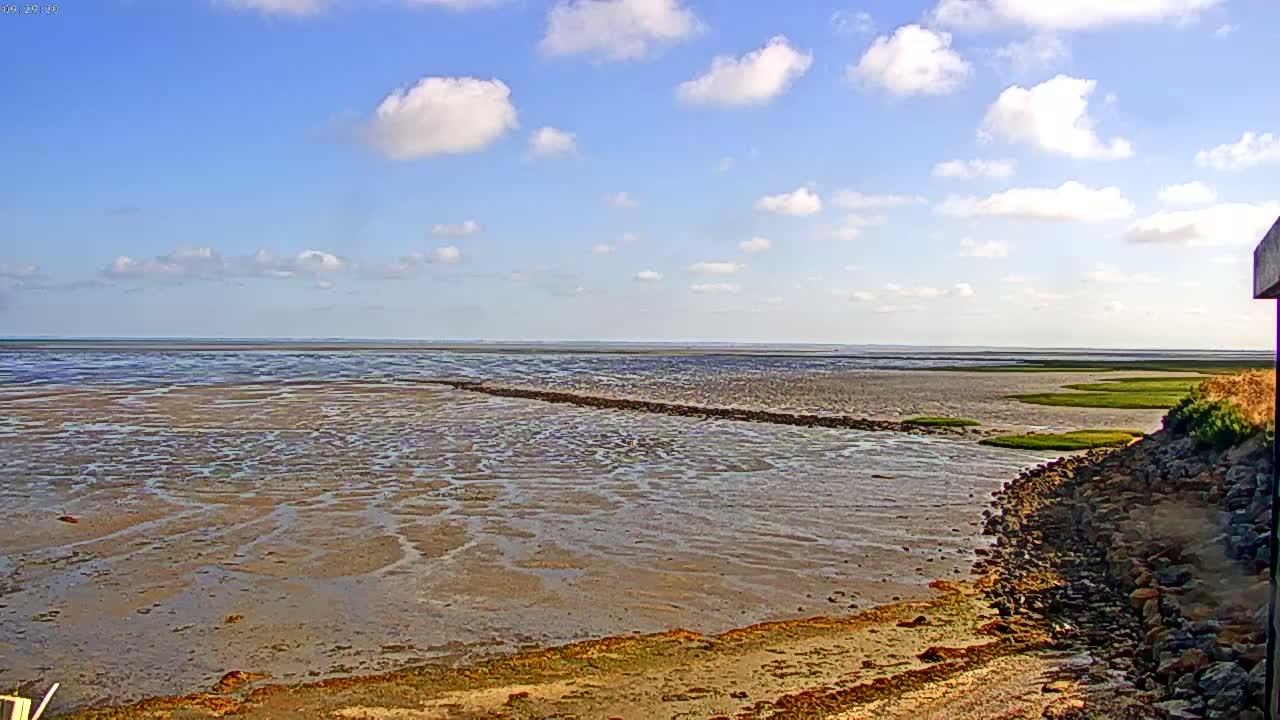 A mostly sunny day reveals a wide expanse of mudflats at low tide, meeting a calm ocean under a partly cloudy sky.