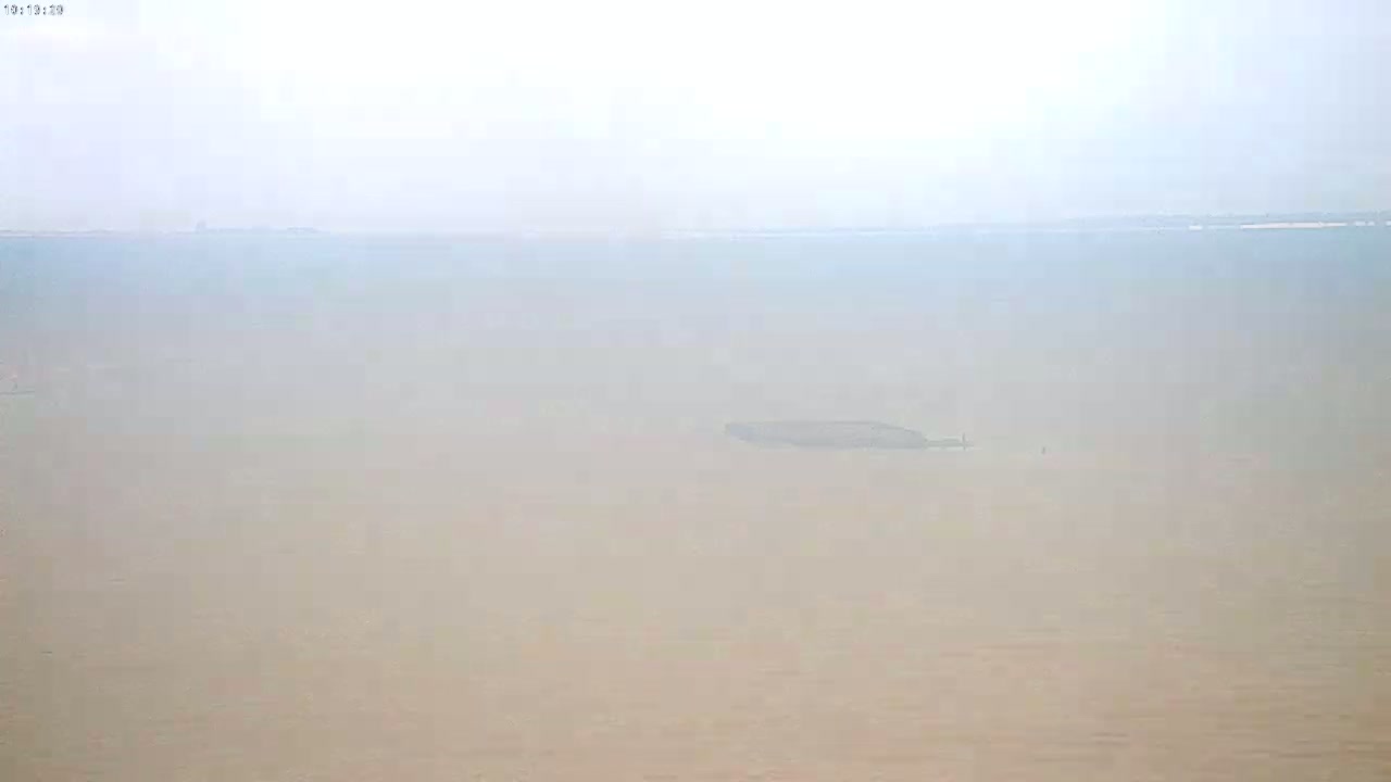A hazy, light-brown body of water is visible, with a dark, indistinct object in the mid-ground and a faint landmass on the horizon.