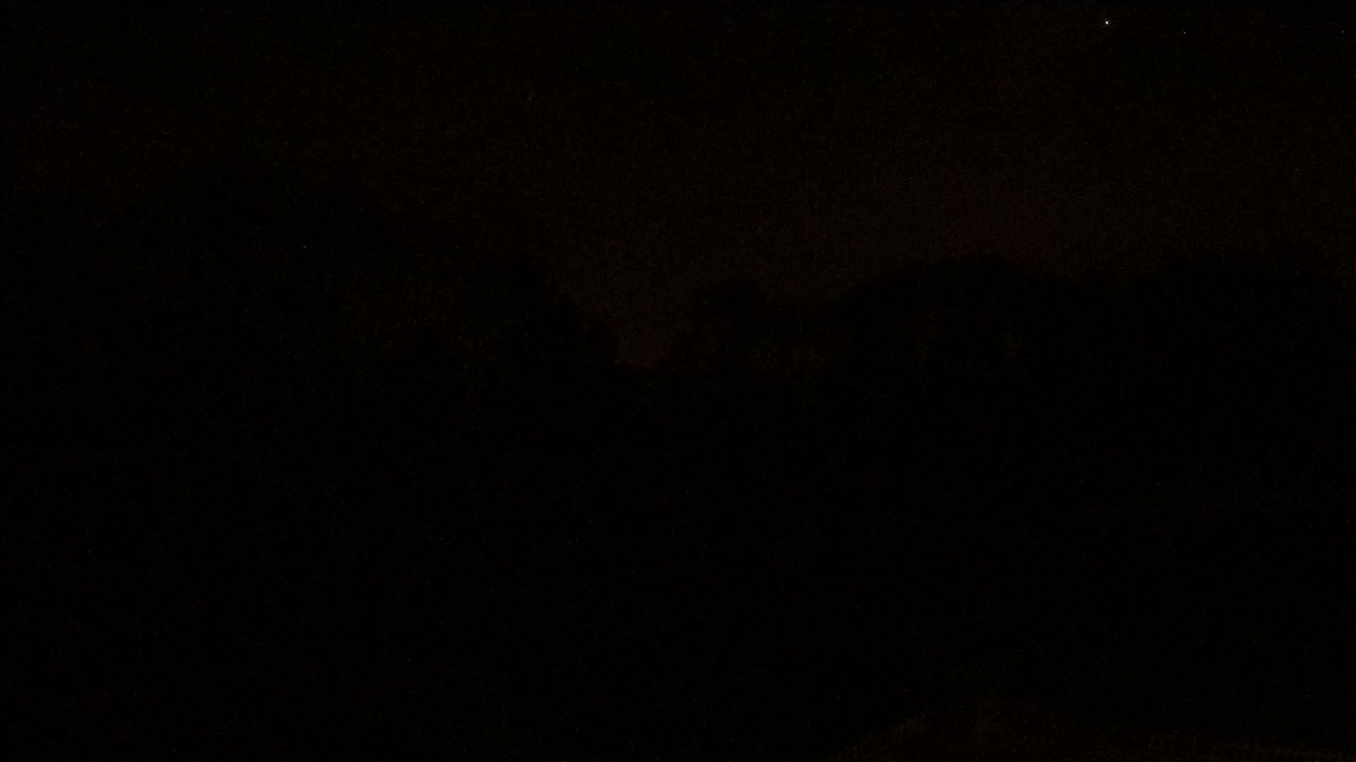 A very dark image shows a mostly black sky with a few faint stars and the dark silhouettes of trees on the horizon at night.