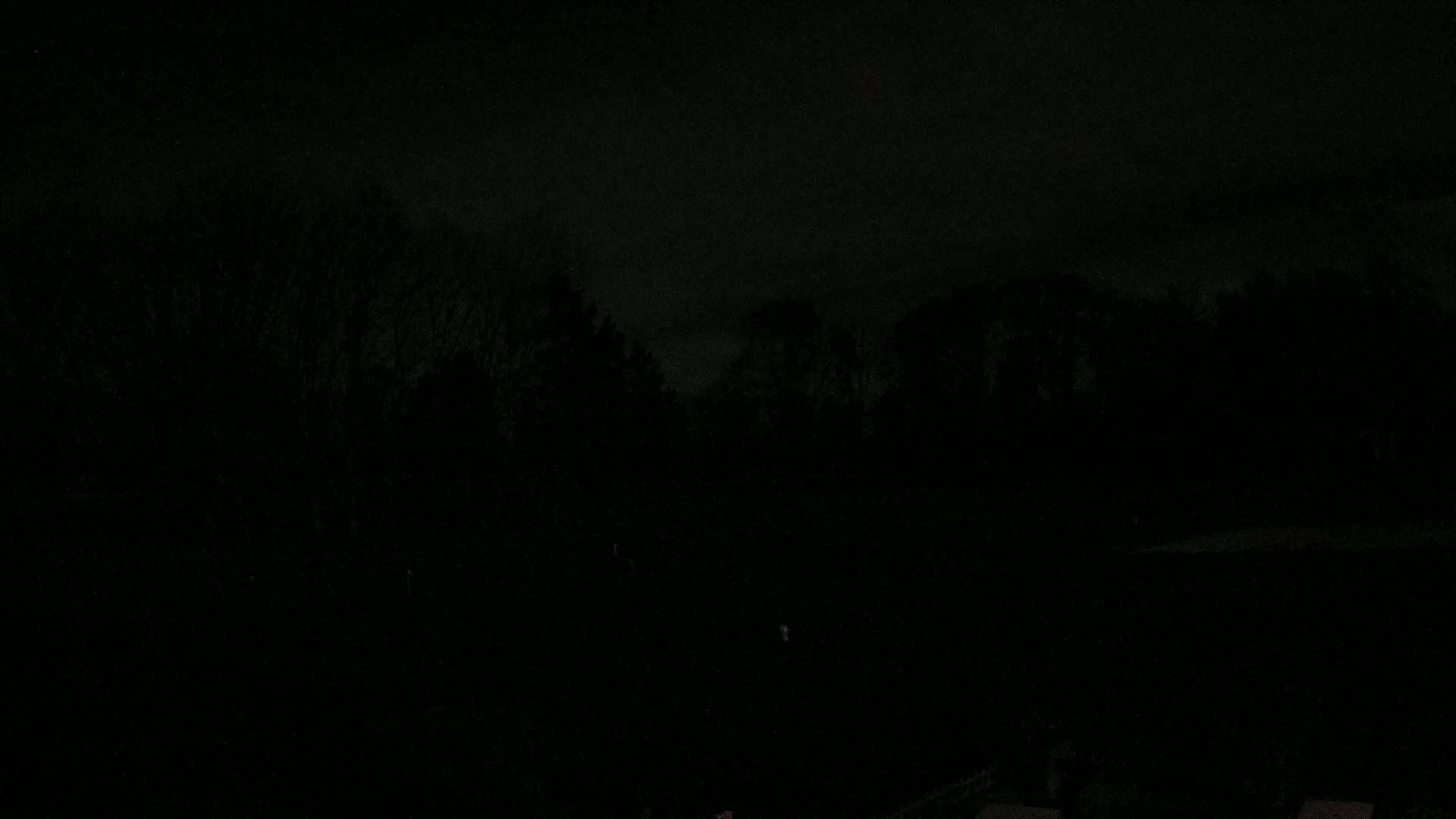 A dark nighttime scene shows a line of silhouetted trees against a mostly cloudy sky.