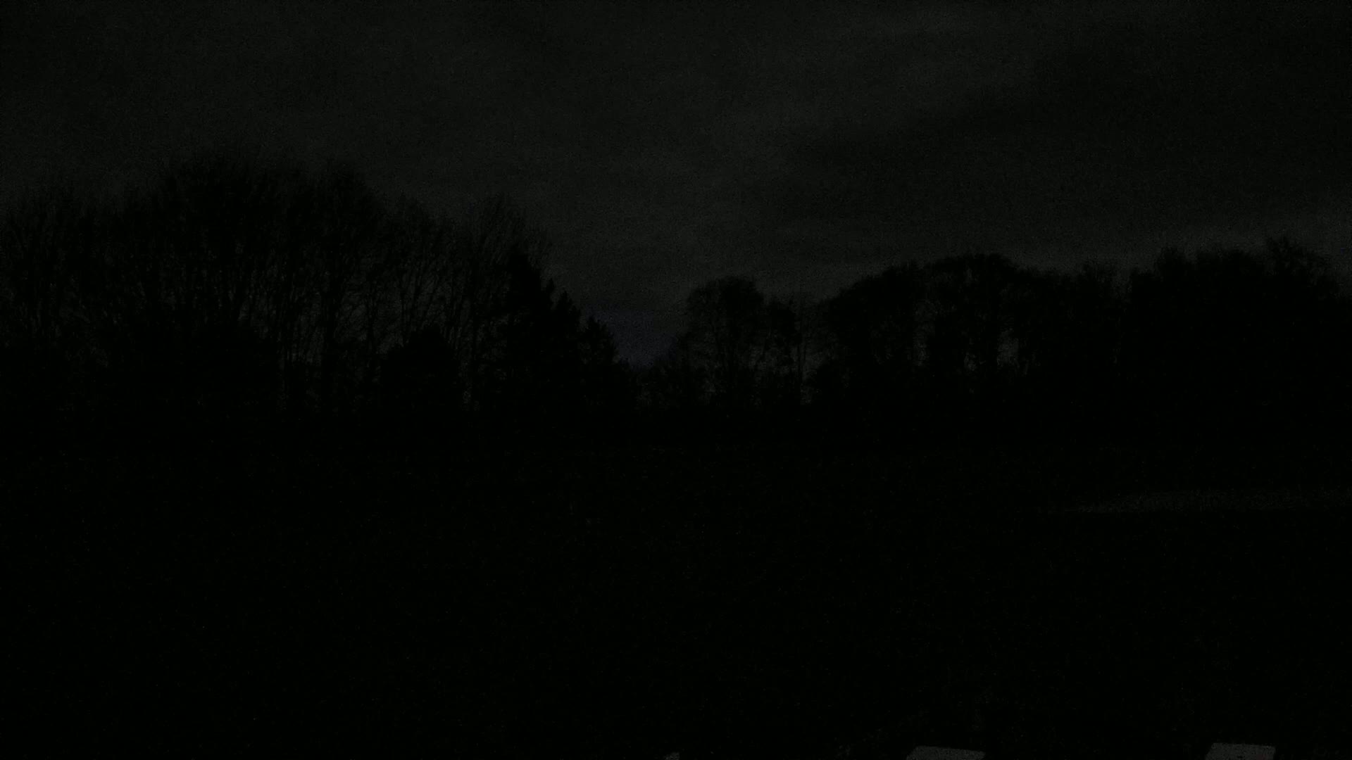 A dark, nighttime scene shows the silhouettes of trees under a cloudy sky.